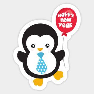 New Year Penguin, Happy New Year, Balloon, Tie Sticker